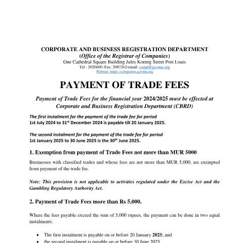 Document preview: Communique 2024 TRADE FEE NOTICE 24062024 — Notice / Circular, Mauritius (CERFA n°Communique-2024-TRADE-FEE-NOTICE-24062024)
