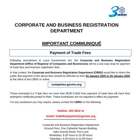 Document preview: Press Communique for Trade fees 12 12 19 — Notice / Circular, Mauritius (CERFA n°Press-Communique-for-Trade-fees-12-12-19)