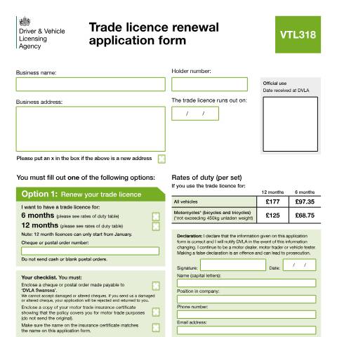 Document preview: Trade licence renewal application form (VTL318) — Driver and Vehicle Licensing Agency, United Kingdom