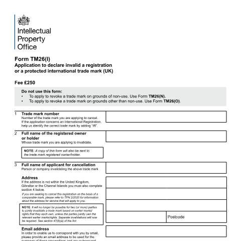 Document preview: Application to start invalidation proceedings — Intellectual Property Office, United Kingdom