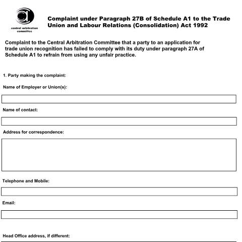 Document preview: Trade union recognition and derecognition: Unfair Practices Application Form — Central Arbitration Committee, United Kingdom