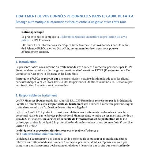 Aperçu du document Traitement de vos données dans le cadre de l'échange FATCA (États-Unis) — 11. Traitements faisant l’objet d’une notice spécifique, Belgique (CERFA n°Notice-dinformation-FATCA)