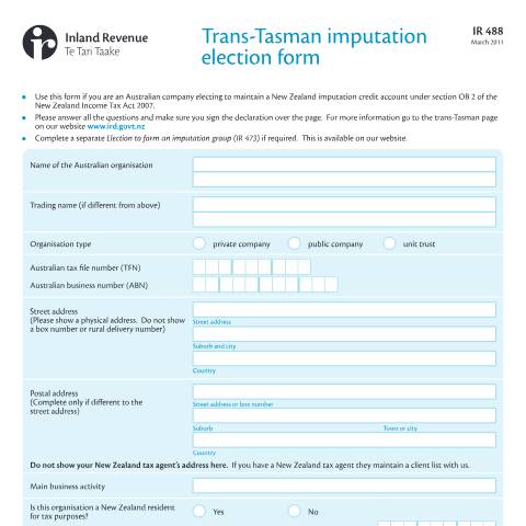 Document preview: Trans-Tasman imputation election form — Income tax, New Zealand (CERFA n°IR488)