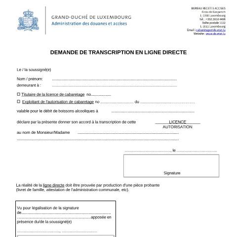 Aperçu du document Demande de transcription en ligne directe — Horeca, Luxembourg (CERFA n°transcription-ligne-directe)
