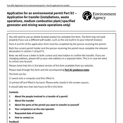 Document preview: Application to transfer an environmental permit: part D2 — Environment Agency, United Kingdom