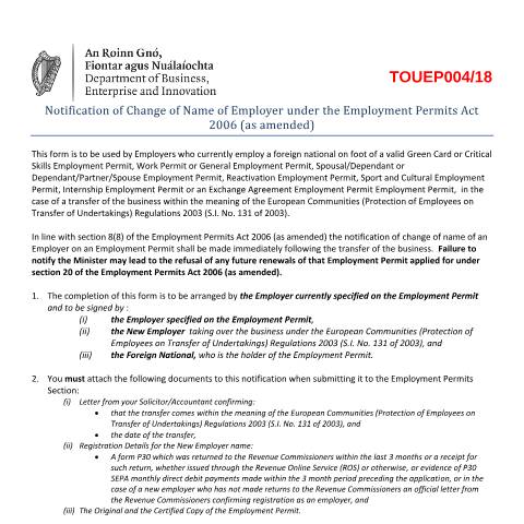 Document preview: Dependant Employment Permits — transfer of undertaking employer form 2e9bbb2f 4510 446d 8dda b1795ec74e7b — Department of Enterprise, Tourism and Employment, Ireland