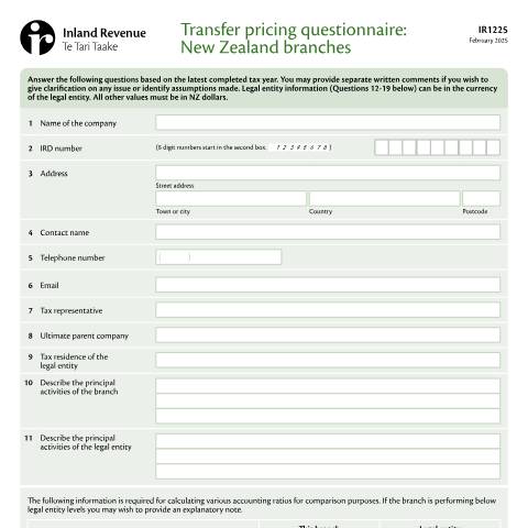 Document preview: Transfer pricing worksheet: New Zealand branches — International, New Zealand (CERFA n°IR1225)