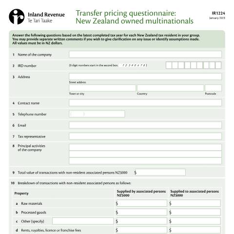 Document preview: Transfer pricing worksheet: New Zealand owned multinationals — International, New Zealand (CERFA n°IR1224)