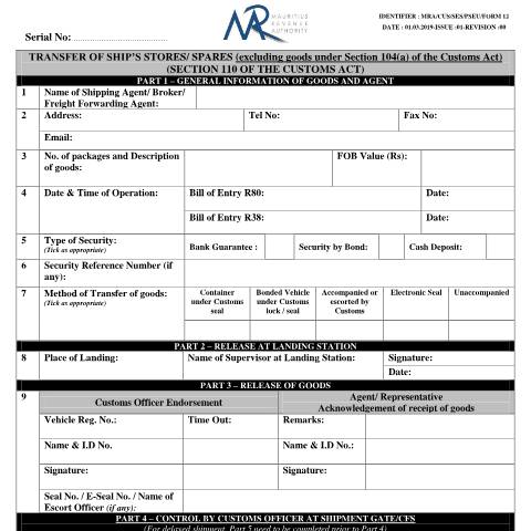 Document preview: Transfer / Transhipment of Ship's Spares under section 110 of the Customs Act — Act / Law, Mauritius (CERFA n°TransferShipSpares)