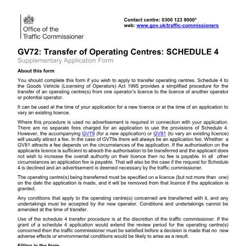 Document preview: Transfer a vehicle operating centre to another operator's licence — Traffic Commissioners for Great Britain, United Kingdom