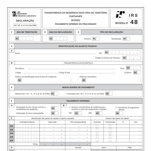 Pré-visualização do documento Modelo 48 - Transferência da residência para fora do território português (EU/EEE) - pagamento diferido ou fracionado — IRS / IRC, Portugal (CERFA n°Modelo 48)
