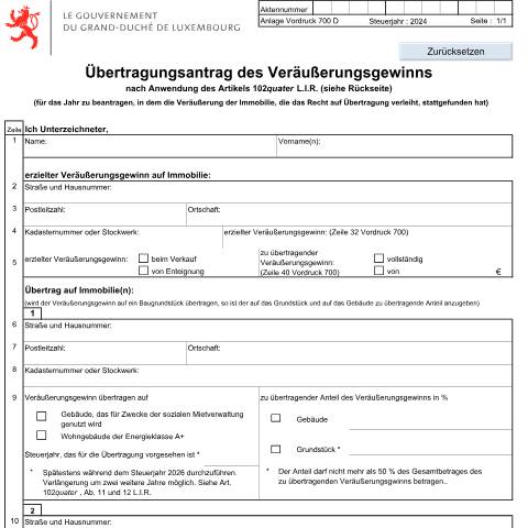 Aperçu du document Übertragungsantrag des Veräußerungsgewinns — Plus-values d'immeubles du patrimoine privé, Luxembourg (CERFA n°700_Anlage)