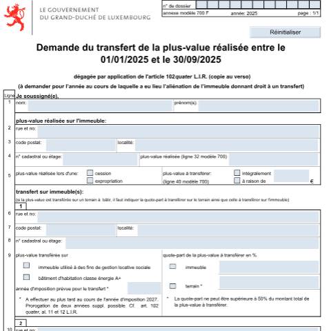 Aperçu du document Demande du transfert de la plus-value — Plus-values d'immeubles du patrimoine privé, Luxembourg (CERFA n°700_Transfert)
