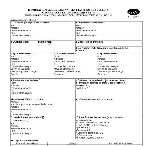 Aperçu du document Informations accompagnant les transferts transfrontaliers de déchets (règlement européen n°1157/2024) — Professionnels, France (CERFA n°14133*04)