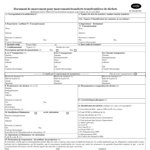 Aperçu du document Transferts transfrontaliers de déchets - document de mouvement (règlement européen n° 2024/1157 du 11 avril 2024) — Professionnels, France (CERFA n°14132*02)