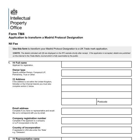 Document preview: Application to transform a Madrid Protocol Designation — Intellectual Property Office, United Kingdom