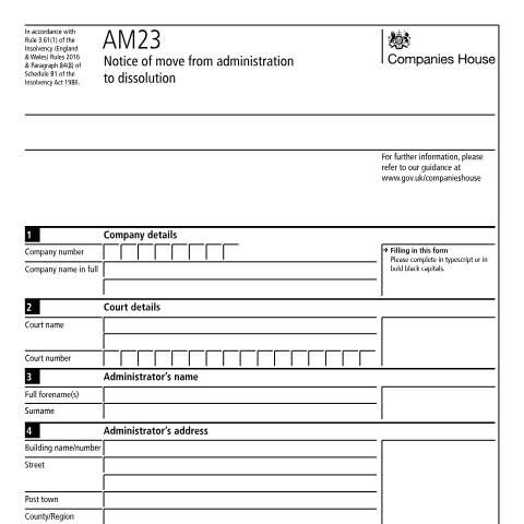 Document preview: Give notice of move from administration to dissolution (AM23) — Companies House, United Kingdom