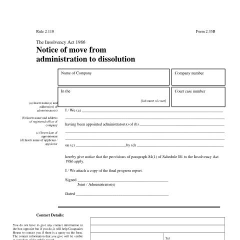 Document preview: Give notice of move from administration to dissolution (2.35B) — Companies House, United Kingdom