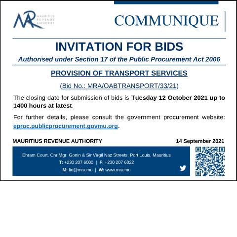 Document preview: Provision of Transport Services (Bid No. : MRA/OABTRANSPORT/33/21) — Notice / Circular, Mauritius (CERFA n°CommuniqueTransport130921)