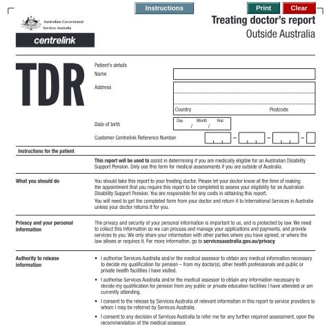 Document preview: Treating Doctor’s Report - outside Australia — Services Australia — Individuals (by code), Australia (CERFA n°AUS109)