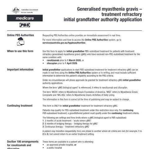 Document preview: Generalised myasthenia gravis - treatment refractory initial grandfather authority application form (PB398) — Services Australia — Health professionals, Australia (CERFA n°PB398)