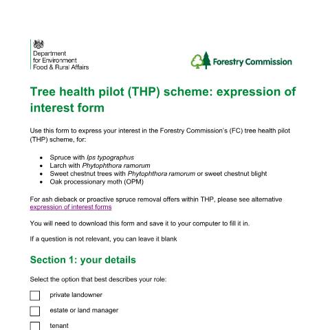 Document preview: Tree health pilot scheme: expression of interest forms — Forestry Commission, Department for Environment, Food & Rural Affairs, United Kingdom