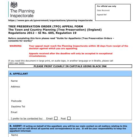 Document preview: Tree preservation order appeal form — Planning Inspectorate, United Kingdom