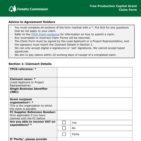Document preview: Tree Production Capital Grant: how to make a claim — Forestry Commission, United Kingdom