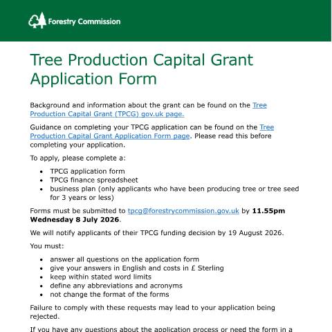 Document preview: Tree Production Capital Grant application form — Forestry Commission, United Kingdom