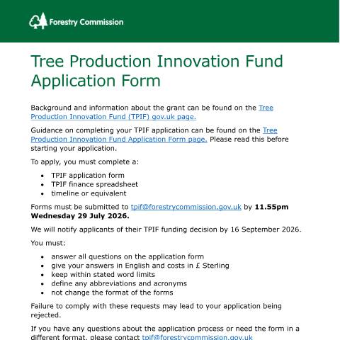 Document preview: Tree Production Innovation Fund application form — Forestry Commission, United Kingdom
