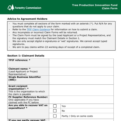 Document preview: Tree Production Innovation Fund: how to make a claim — Forestry Commission, United Kingdom