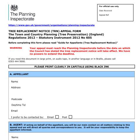 Document preview: Tree replacement notice appeal form — Planning Inspectorate, United Kingdom