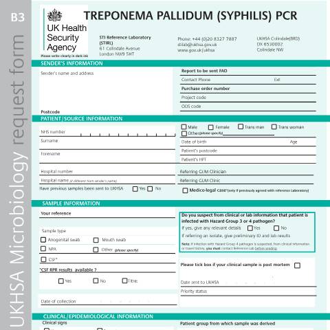 Document preview: B3: Treponema pallidum (syphilis) PCR referral form — UK Health Security Agency, United Kingdom