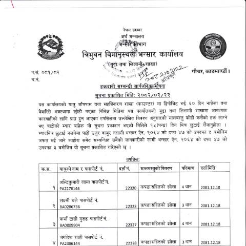 Document preview: त्रिभुवन विमानस्थल भन्सार कार्यालयको हकदावी सम्बन्धी सूचना २०८२-०२-२२ — customs_form, नेपाल (CERFA n°त्रिभुवन विमानस्थल भन्सार कार्यालयको हकदावी सम्बन्धी सूचना २०८२ ०२ २२ ekqq8im)