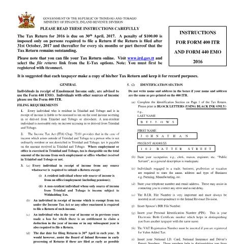 Document preview: 400-ITR, 440-EMO Instructions — Guide, Trinidad & Tobago (CERFA n°I-400ITR 440EMO)