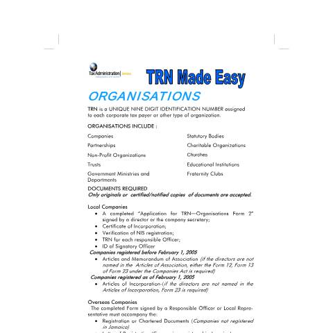 Document preview: TRN Made Easy - Organisations — Document, Jamaica (CERFA n°trn_made_easy_organisations)