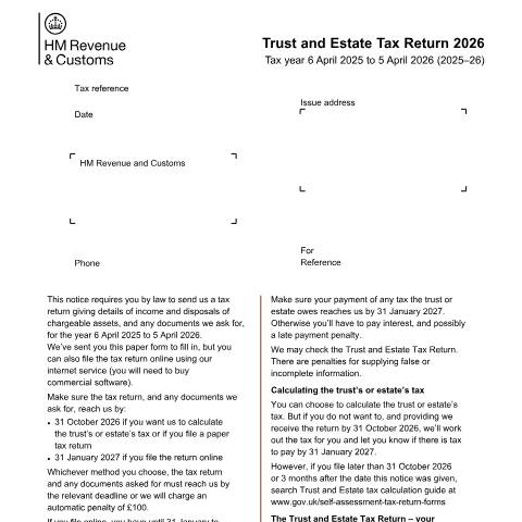 Document preview: Self Assessment: Trust and Estate Tax Return (SA900) — HM Revenue & Customs, United Kingdom