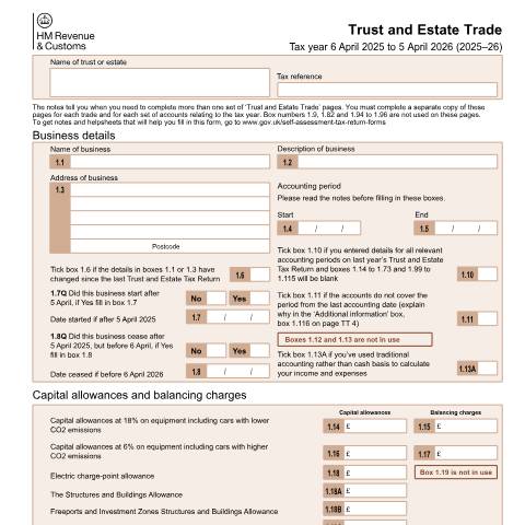 Document preview: Self Assessment: Trust and Estate Trade (SA901) — HM Revenue & Customs, United Kingdom