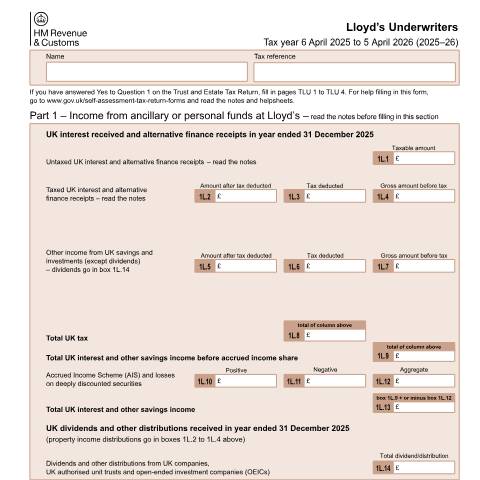 Document preview: Self Assessment: Trust and Estate income from membership of Lloyd's (SA901L) — HM Revenue & Customs, United Kingdom