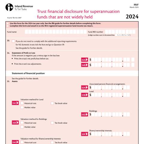 Document preview: Trust financial disclosure for superannuation funds that are not widely held — Income tax, New Zealand (CERFA n°IR6F)