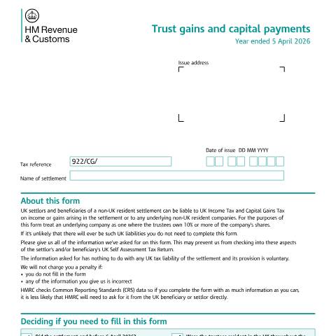 Document preview: Tell HMRC about trust gains and capital payment (50(FS)) — HM Revenue & Customs, United Kingdom