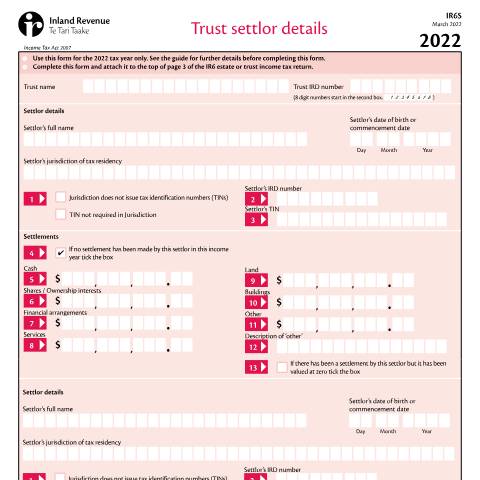 Document preview: Trust settlor details — Income tax, New Zealand (CERFA n°IR6S)