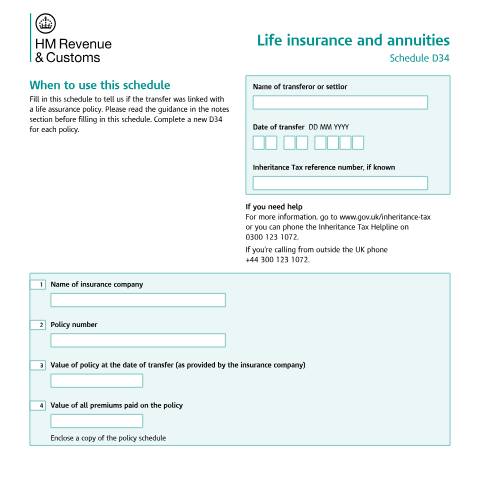 Document preview: Tell HMRC about trust transfers that included life insurance policies and annuities (D34) — HM Revenue & Customs, United Kingdom