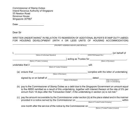 Document preview: Trustee for Developers for Development of Four or Less Residential Units — IRAS / Stamp Duty, Singapore (CERFA n°(B)-LETTER-OF-UNDERTAKING-FOR-DEVELOPMENT-OF-4-OR-LESS-RESIDENTIAL-UNITS-(TRUSTEE))