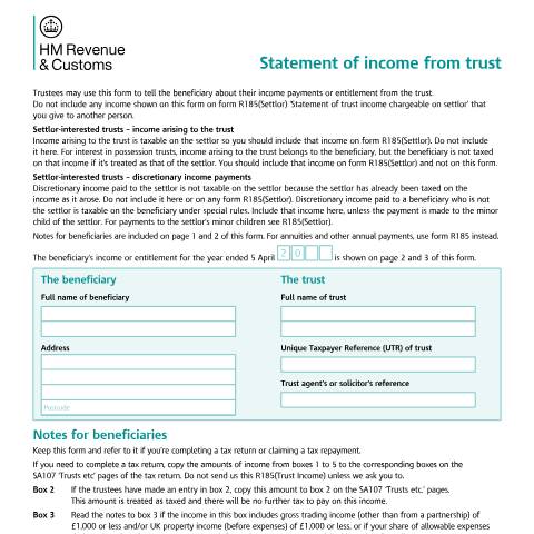 Document preview: Trusts and estates: statement of income from trust (R185) (trust income) — HM Revenue & Customs, United Kingdom