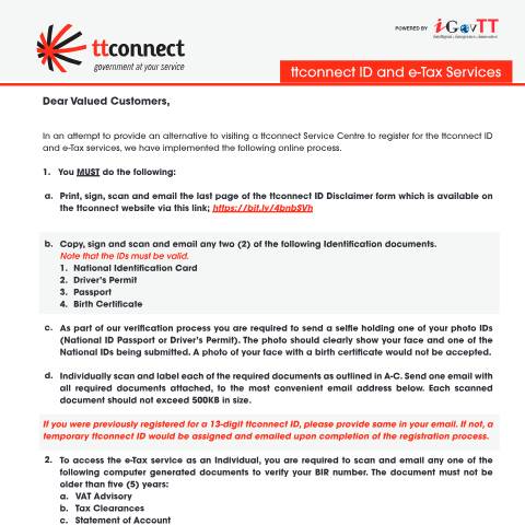 Document preview: ttconnect Requirements for Completion of Online ttconnect ID eTax Registration 2 — Form, Trinidad & Tobago (CERFA n°ttconnect-Requirements-for-Completion-of-Online-ttconnect-ID-eTax-Registration)