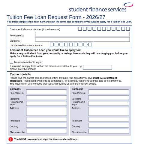 Document preview: Tuition Fee Loan request form for students who qualify for Tuition Fee support only — Student Loans Company, United Kingdom
