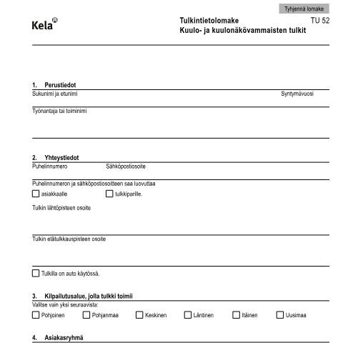 Document preview: Tulkintietolomake - Kuulo- ja kuulonäkövammaisten tulkit — Kumppanit, Suomi (CERFA n°Kela TU 52)