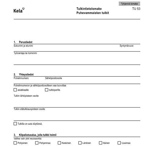 Document preview: Tulkintietolomake - Puhevammaisten tulkit — Kumppanit, Suomi (CERFA n°Kela TU 53)