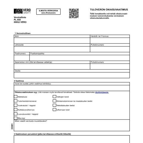 Document preview: Tuloveron oikaisuvaatimus - henkilöasiakkaat (3308) — Tuloveron oikaisuvaatimus - henkilöasiakkaat (3308), Suomi (CERFA n°Vero 3308)